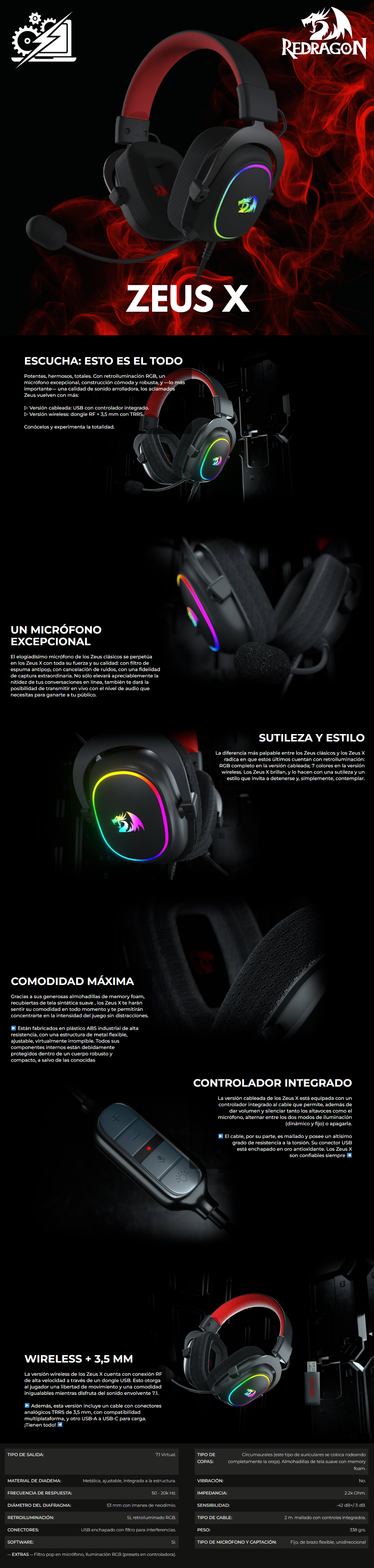 Diadema Gamer Redragon Zeus X H510 / USB / 3.5mm / 7.1 Virtual / Black / H510-RGB