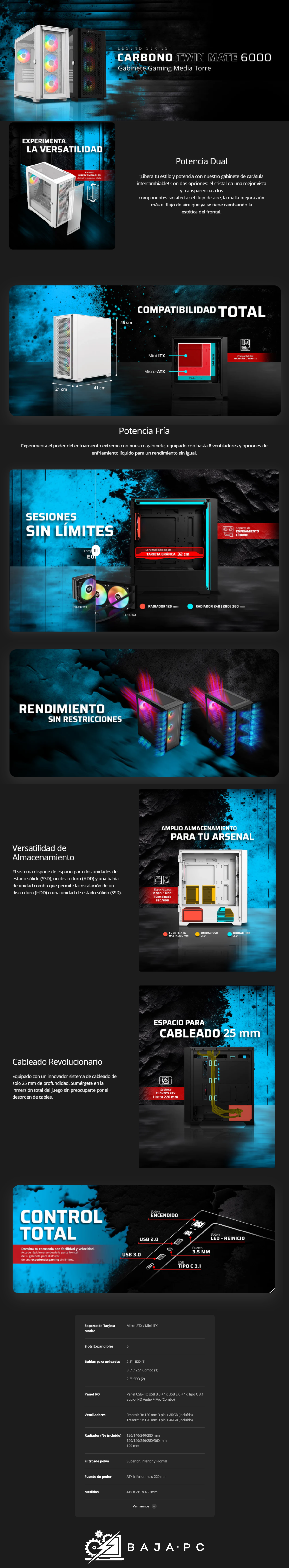 Gabinete Balam Rush Carbono Twin Mate 6000 / Midi-Tower, Micro-ATX/Mini-ITX / USB 3.0/2.0 / Sin Fuente / 4 Ventiladores RGB Instalados / Negro / BR-938815