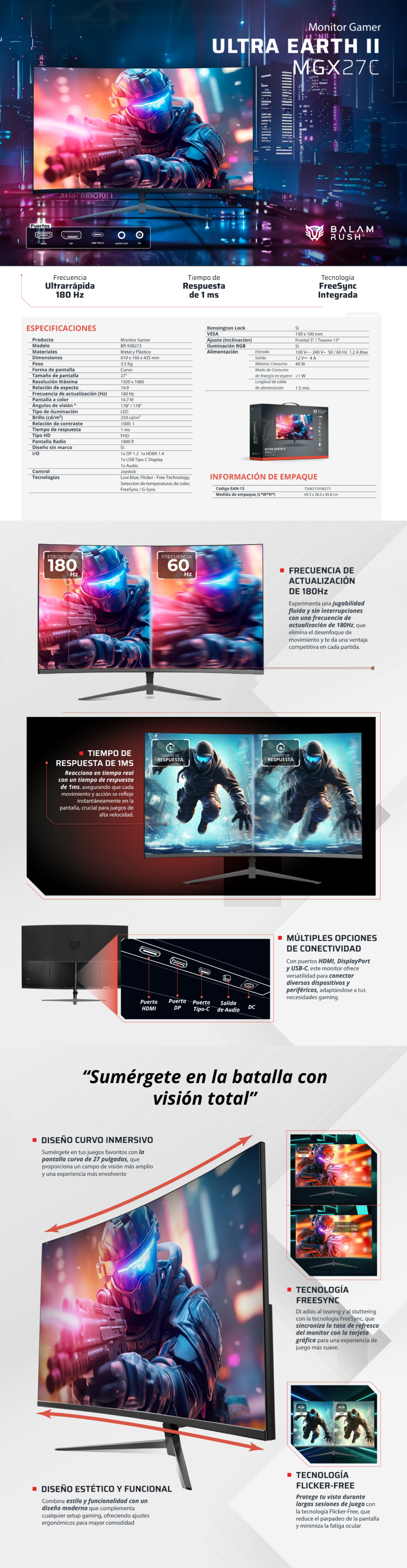 Monitor Gaming 27 Curvo 165hz ULTRA EARTH II MGX27C Balam Rush / 1MS /  Panel VA / HDMI / DP / FHD 1920x1080/ Blanco