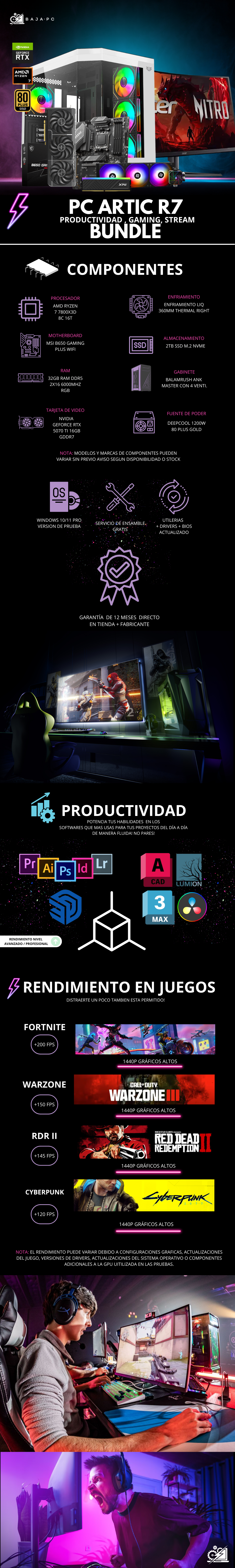 PC ARTIC R7 BUNDLE / AMD RYZEN 7 7800X3D / RTX 5070 TI / 32GB RAM DDR5 / 2TB SSD NVME / ENFRIAMIENTO LIQ 360MM / FUENTE 1200W 80+ GOLD / MONITOR 2K 27" 180HZ 0.5MS CURVO / LICENCIA DE REGALO / PROMOCION