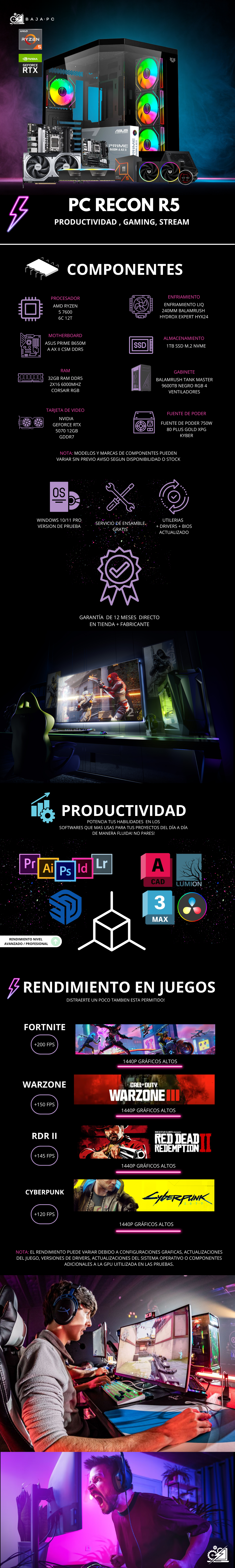 PC RECON R5 / AMD RYZEN 5 7600 / RTX 5070 / 32GB RAM / 1TB SSD M.2 NVME / ENFRIAMIENTO LIQUIDO 240MM / FUENTE 750W 80+ GOLD / PROMOCION