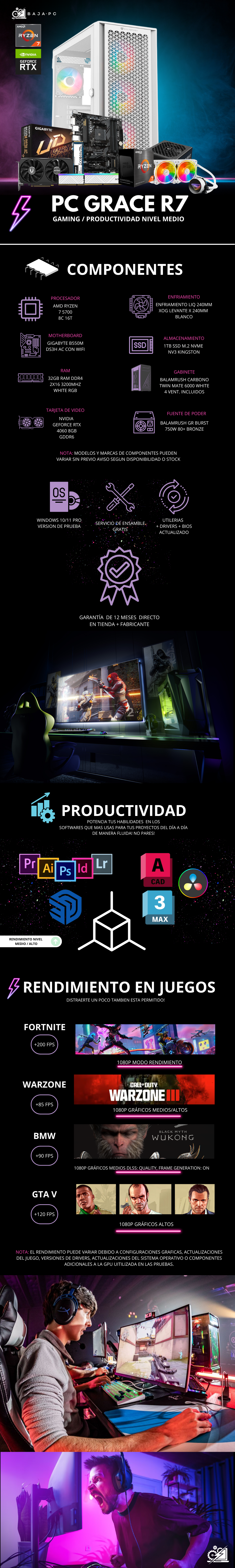 PC GRACE R7/ AMD RYZEN 7 5700 / RTX 4060 / 32GB RAM / 1TB SSD M.2 NVME / ENFRIAMIENTO LIQ 240MM / FUENTE 750W 80+ BRONZE / PROMOCION