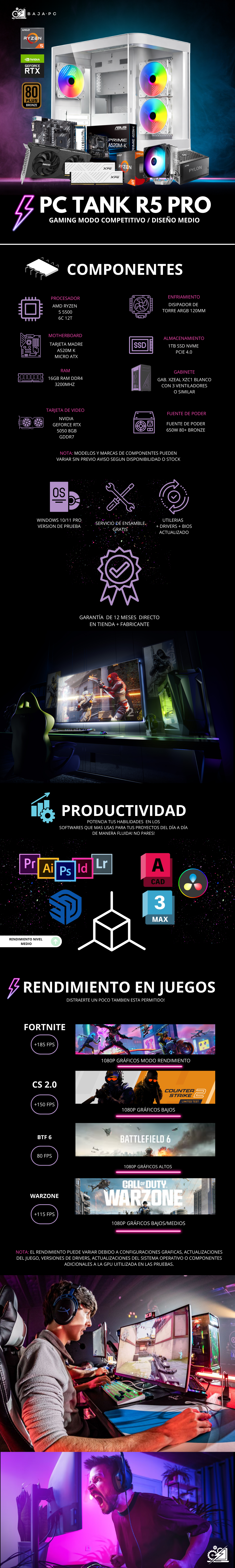 PC TANK R5 PRO / AMD RYZEN 5 5500 / RTX 5050 / 16GB RAM / 1TB SSD NVME / DISIPADOR DE TORRE / A520M / FUENTE 650W 80+ BRONZE / W11 PRO / PROMOCION