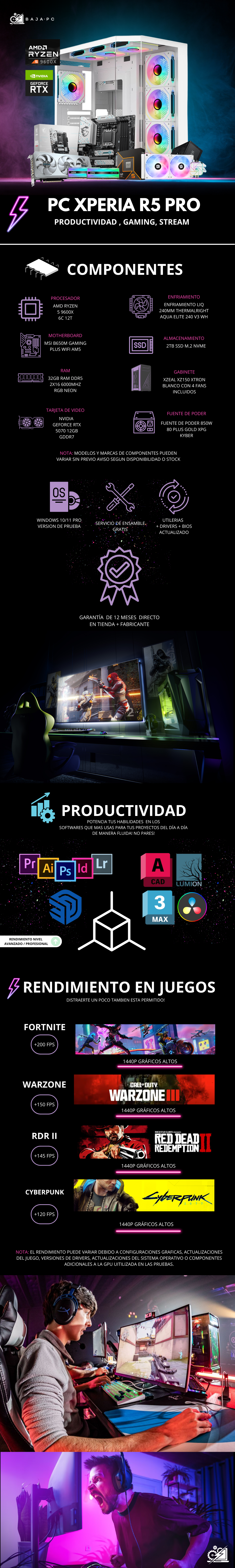 PC XPERIA R5 PRO / AMD RYZEN 5 9600X / RTX 5070 / 32GB RAM DDR5 / 2TB SSD M.2 NVME / ENFRIAMIENTO LIQ 240MM/ FUENTE 850W 80+ GOLD / PROMOCION
