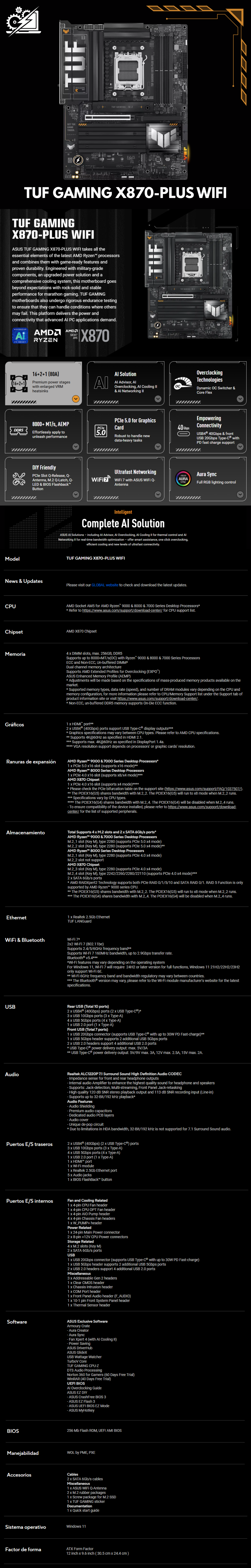 Tarjeta Madre ASUS TUF GAMING X870-PLUS WIFI / AM5 / AMD X870 / HDMI / Up To 192GB DDR5 / TUF GAMING X870-PLUS WIFI / 