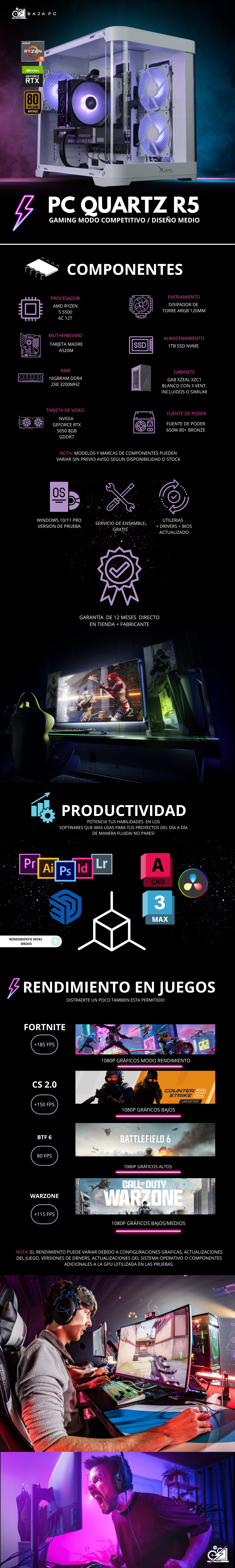 PC QUARTZ R5 / AMD RYZEN 5 5500 / RTX 5050 / 16GB RAM / 1TB SSD NVME / A520M / DISIPADOR DE TORRE / 650W 80+ BRONZE / W11 PRO / PROMOCION