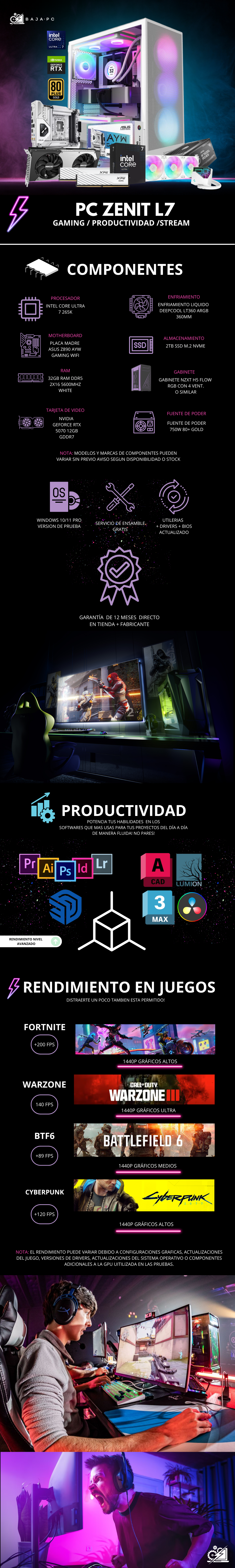 PC ZENIT L7 / INTEL CORE ULTRA 7 265K / RTX 5070 / 32GB RAM DDR5 / 2TB SSD NVME / FUENTE 750W 80+ GOLD / ENFRIAMIENTO LIQ 360MM / W11 PRO / PROMOCION