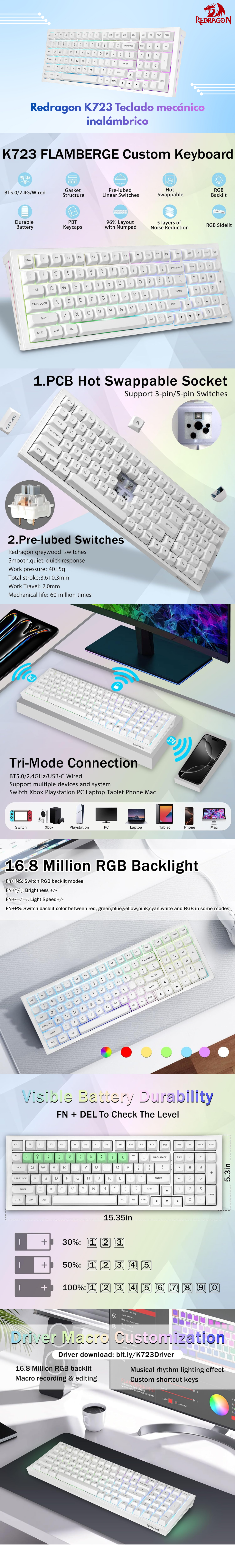 Teclado Mecánico Redragon FLAMBERGE PRO/ Blanco/ 96%/ Inalámbrico/ k23W