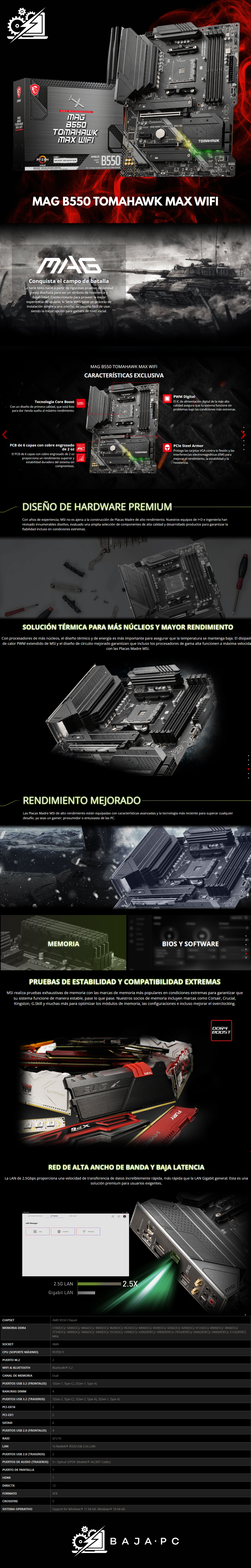 Tarjeta Madre MSI MAG B550 TOMAHAWK MAX WIFI / ATX / AM4 / AMD B550 /Up to 128GB DDR4 / HDMI/DP / MAG B550 TOMAHAWK MAX WIFI