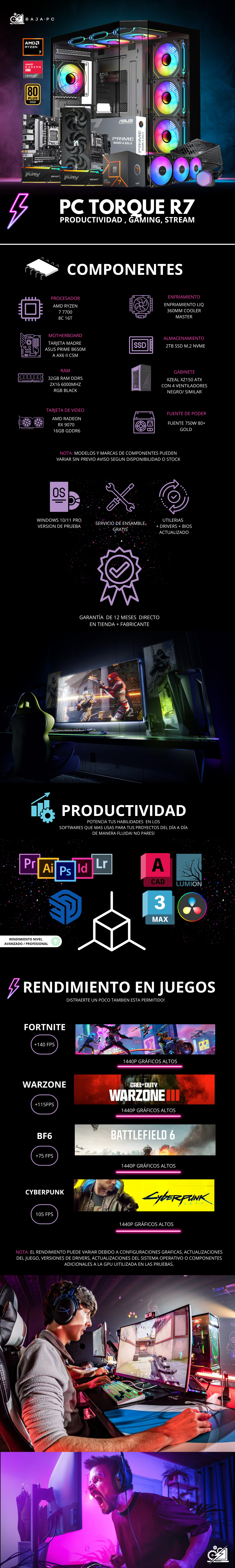 PC TORQUE R7 / AMD RYZEN 7 7700 / RADEON RX 9070 / 32GB RAM DDR5 / 2TB SSD NVME / ENFRIAMIENTO LIQ 360MM / FUENTE 750W 80+ GOLD / W11 PRO / PROMOCION