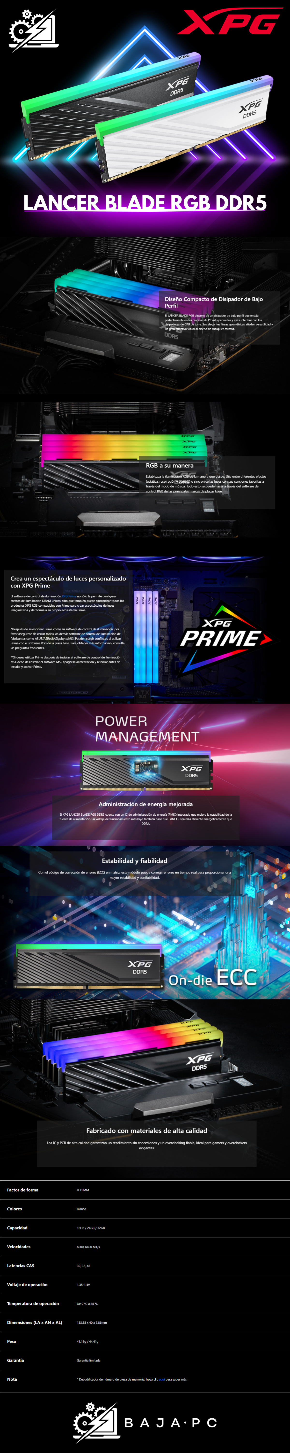 Memoria RAM XPG Lancer Blade RGB DDR5 / 6000MHz / 32GB / ECC / CL30 / XMP / Negra / AX5U6000C3032G-SLABRBK/