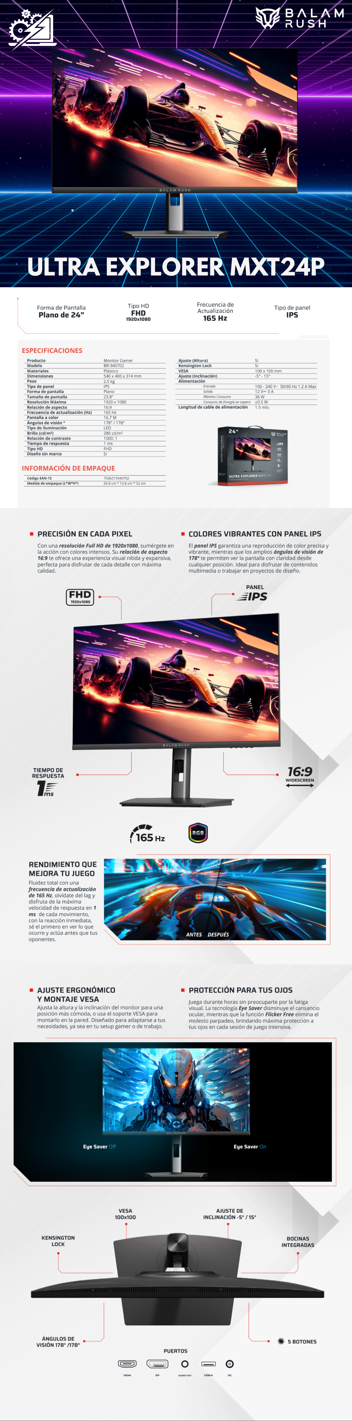Monitor Gamer Balamrush Ultra Explorer MXT24P / Plano / 165HZ / 1MS / Gsync / Freesync / 23.8" FHD / Negro