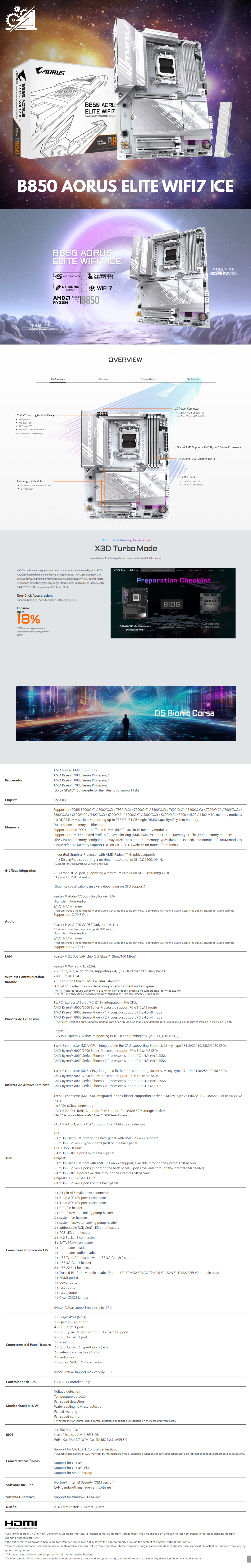 Tarjeta Madre Gigabyte B850 AORUS Elite WIFI7 ICE / AM5 / ATX / DDR5 / 3XM.2 / PCIe 5.0 / USB-C / WIFI7 / LAN de 2.5GbE / Cierre EZ / B850 AORUS ELITE WIFI7 ICE