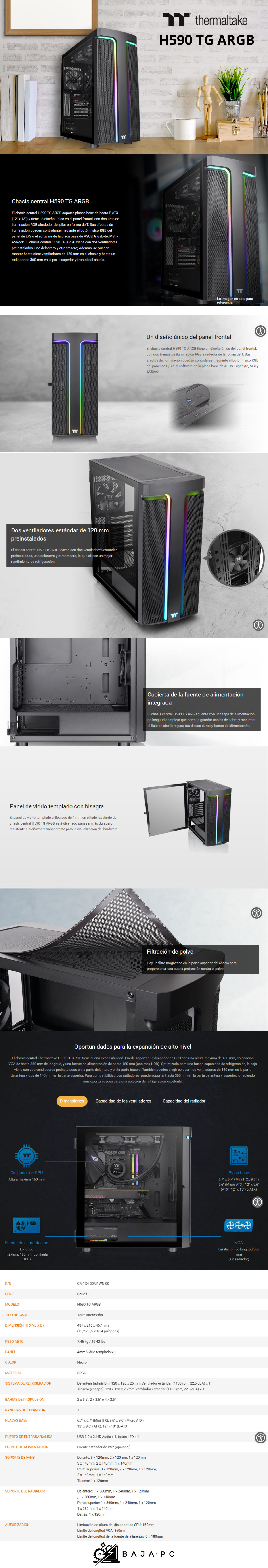 Gabinete Thermaltake H590 TG ARGB / Cristal / Midi-Tower, ATX/Micro-ATX/Mini-ITX / USB 3.0 / 2 Ventiladores Instalados / NEGRO/ CA-1X4-00M1WN-00