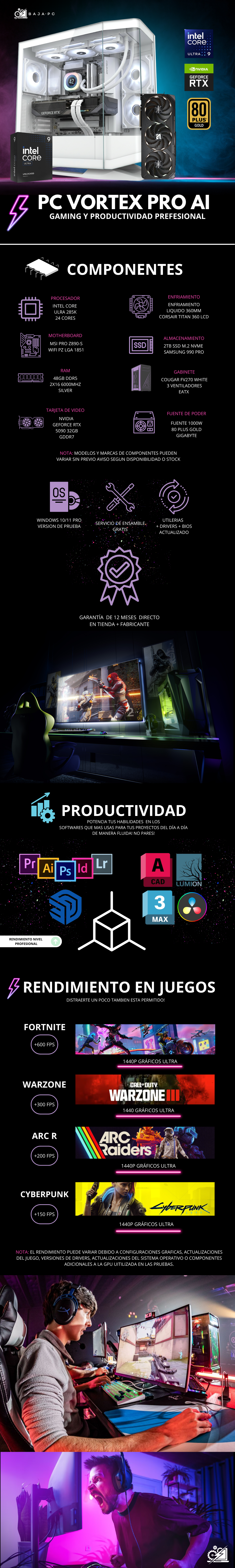 INTEL VORTEX PRO AI / INTEL CORE ULTRA 285K / RTX 5090 / 48GB RAM DDR5 / 2TB SSD NVME 990 PRO / ENFRIAMIENTO LIQ 360MM CON PANTALLA / FUENTE 1000W 80+ GOLD / W11 PRO / PROMOCION
