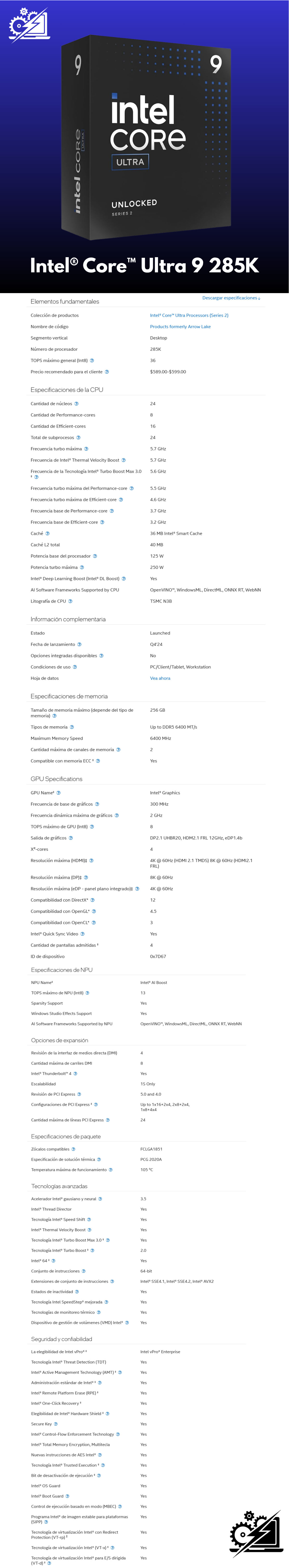 Procesador Intel Core Ultra 9 285K / 24 Núcleos + 8 Efficient-Cores / 36MB Caché / Intel Graphics / Hasta 5.70 GHz / LGA 1851 / Ultra Series 2 Arrow Lake / BX80768285K