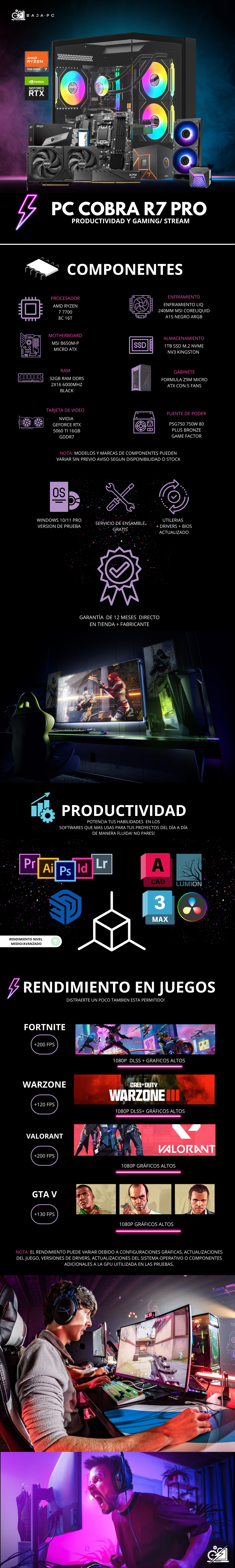 PC COBRA R7 PRO / AMD RYZEN 7 7700 / RTX 5060 TI 16GB / 32GB RAM DDR5 / 1TB SSD M.2 NVME / ENFRIAMIENTO LIQ 240MM / FUENTE 750W 80+ BRONZE / PROMOCION