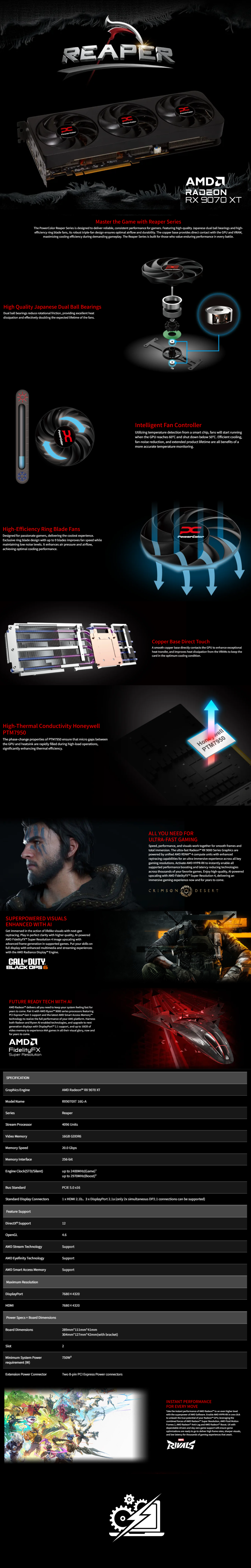 Tarjeta de Video AMD Radeon™ RX 9070 XT Reaper Power Color / 16GB GDDR6 / 256-bit / PCIE 5.0 x16 /  RX9070XT 16G-A 