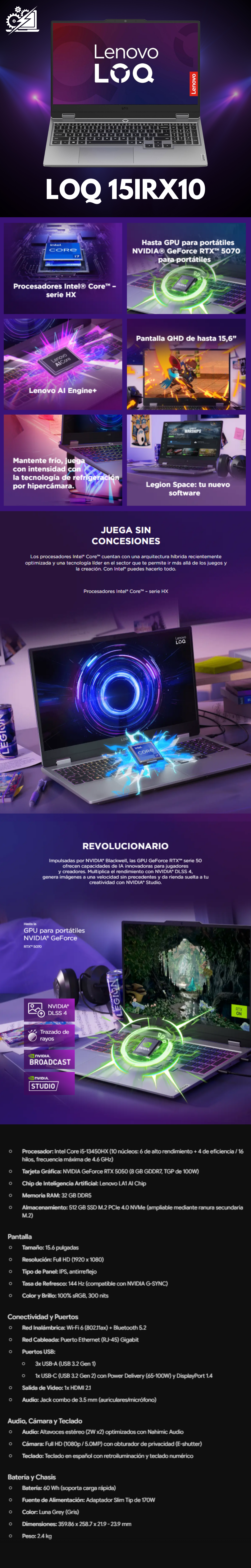 Laptop, LOQ 15IRX10 / Intel Core i5 / GeForce RTX 5050 / 32 GB / 512 GB SSD / 15.6" / GRIS *Equipo outlet de exhibición*