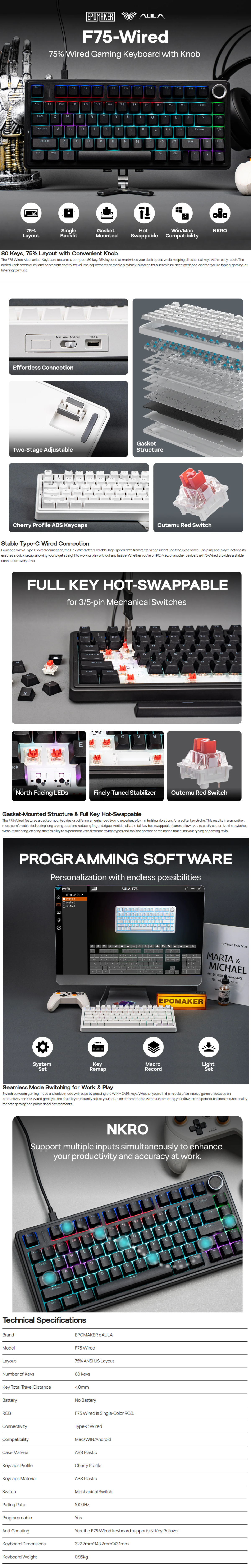 Teclado Mecanico Gamer AULA F75  / 75% Layout  / Tipo C / High Polling Rate / SWITCH BLUE / Gasket-Mounted Structure / RGB / Negro