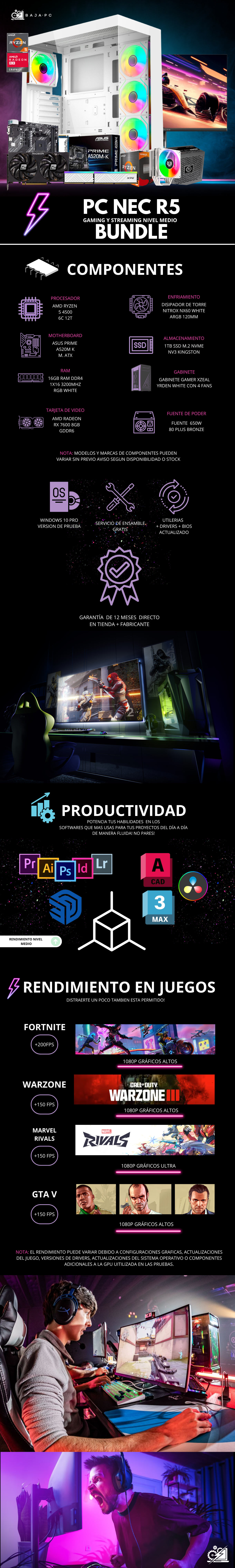 PC NEC R5 BUNDLE / AMD RYZEN 5 4500 / RADEON RX 7600 / 16GB RAM / 1TB SSD M.2 NVME / FUENTE 650W 80+ BRONZE / DISIPADOR DE TORRE / MONITOR 23.8" FHD 165HZ 1MS / KIT TECLADO Y MOUSE/ PROMOCION