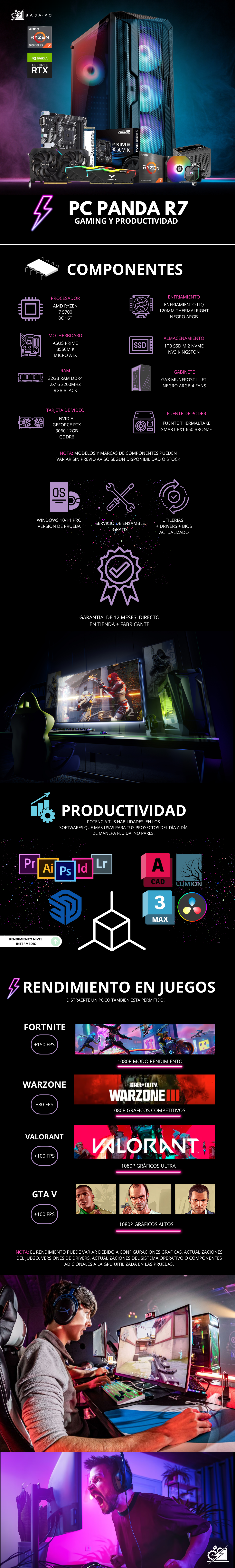 PC PANDA R7 / AMD RYZEN 7 5700 / RTX 3060 / 32GB RAM / 1TB SSD M.2 NVME / ENFRIAMIENTO LIQ 120MM / FUENTE 650W 80+ BRONZE / PROMOCION