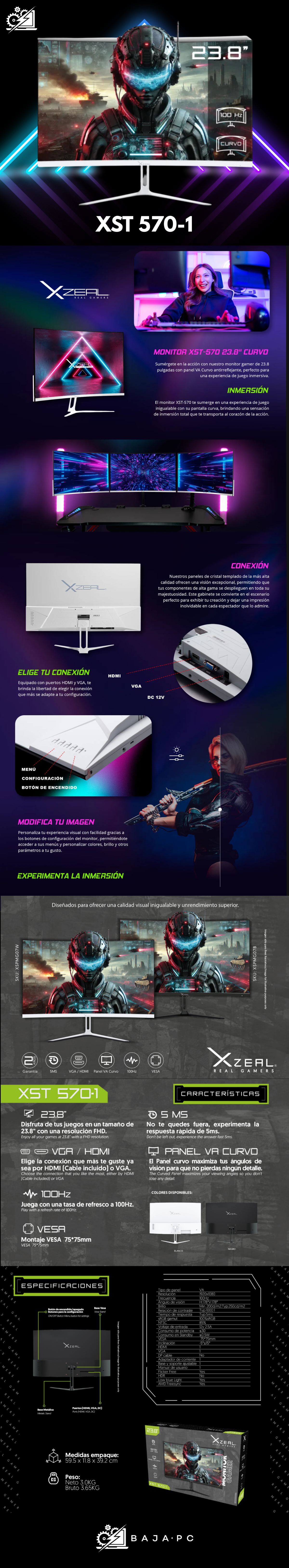 Monitor Xzeal 23.8 pulgadas Xzeal XSPMG07W XST-570-1 Panel Curvo VA FHD 100Hz 5ms 1xVGA + 1xHDMI + Vesa 100x100mm Blanco