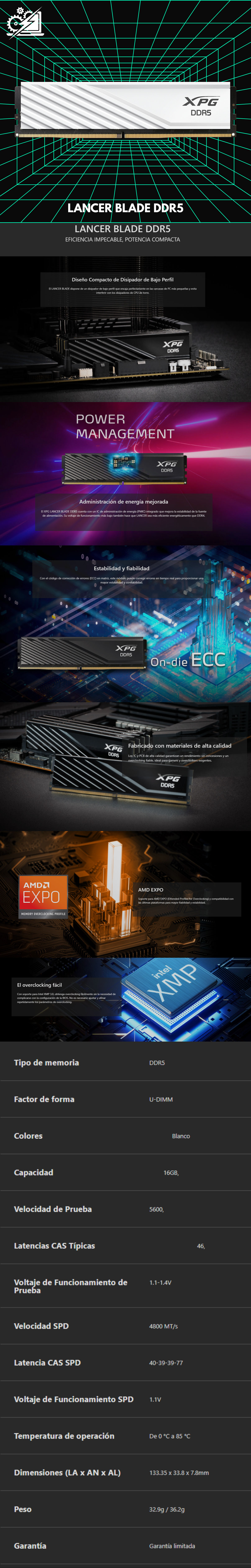 Memoria RAM XPG Lancer Blade / 16GB / DDR5 / 5600Mhz / Blanca / AX5U5600C4616G-SLABWH XMP/ EXPO / CL46