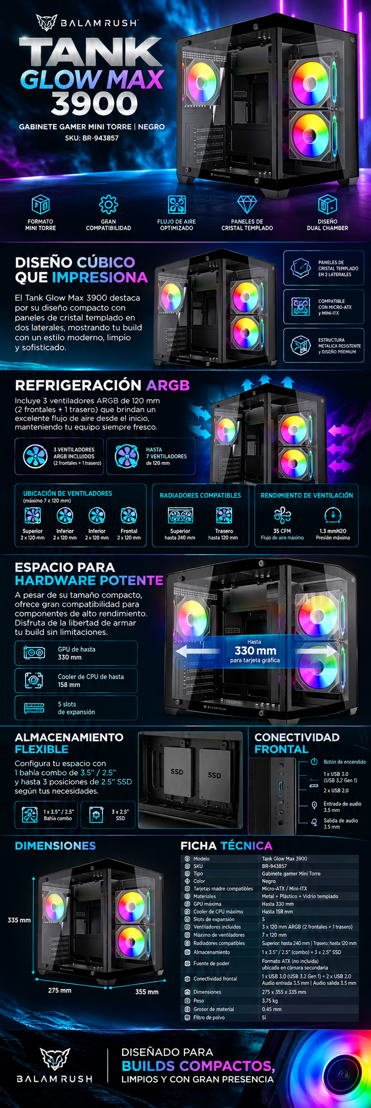 Gabinete Balam Rush Tank Glow Max 3900, Mini-Tower, Micro-ATX/Mini-ITX, USB 2.0/3.0, sin Fuente, 3 Ventiladores Instalados, Negro