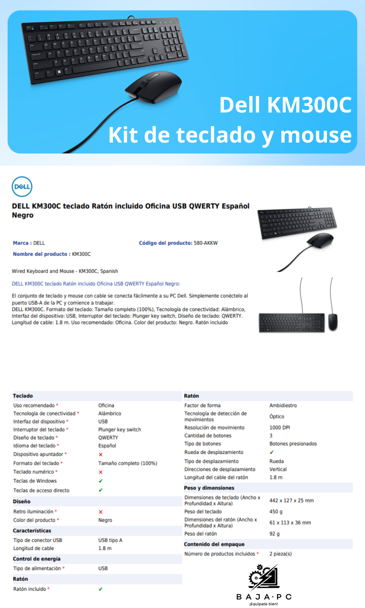 Kit de Teclado y Mouse DELL KM300C COMBO / Alámbrico / USB / Negro / ESP