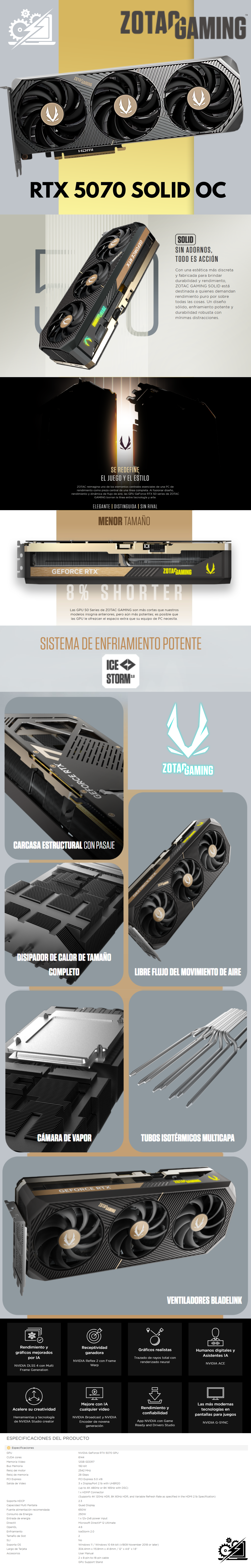 Tarjeta de Video ZOTAC GAMING GeForce RTX 5070 SOLID OC / 12GB GDDR7 / 192-bit / PCI Express 5.0 x16 / ZT-B50700J-10P 