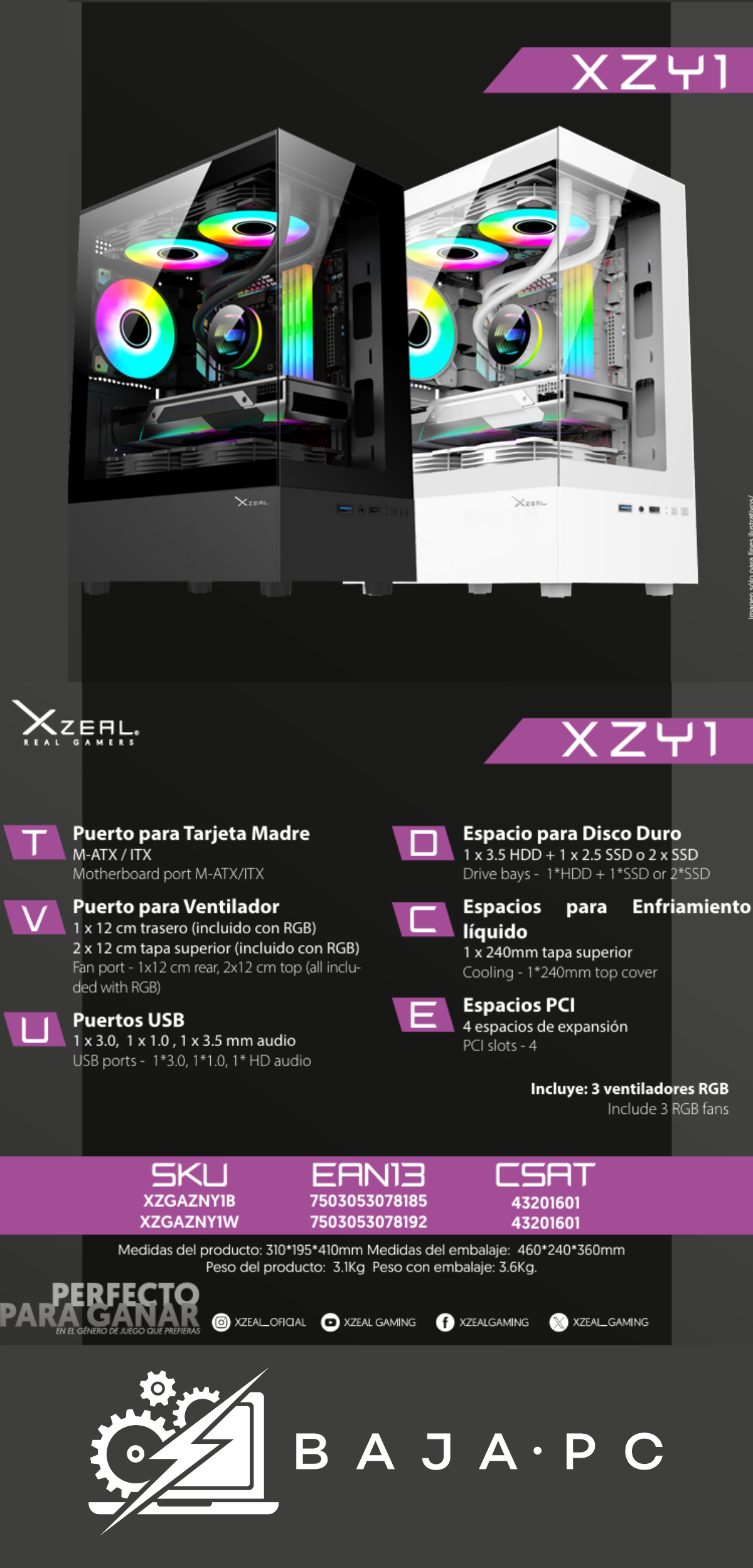 Gabinete Gamer Xzeal XZY1 Negro / Micro ATX / 3 ventiladores incluidos con RGB