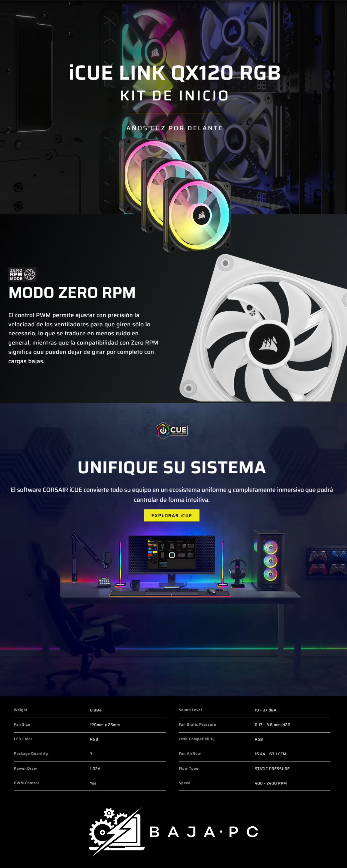 Kit 3 Ventiladores Corsair iCUE Link QX120 RGB / 120mm / 480-2400RPM / Negro / 3 Ventiladores / CO-9051002-WW