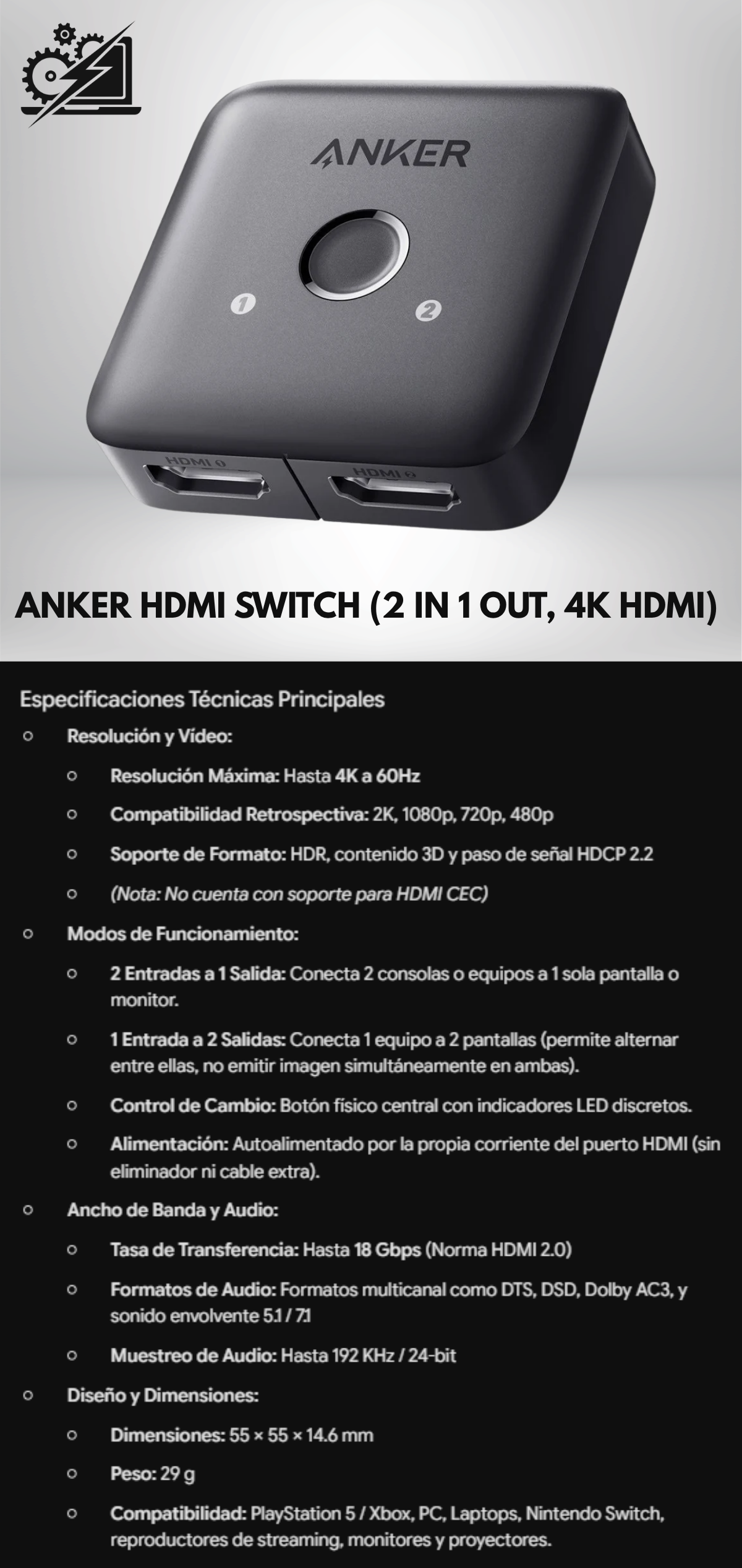 ANKER hdmi switch 2 in 1 out, 4k HDMI - Conmutador HDMI 2.0 bidireccional (2 en 1 / 1 en 2) con soporte para 4K a 60Hz, HDR, ancho de banda de 18 Gbps y cambio manual sin alimentación externa.