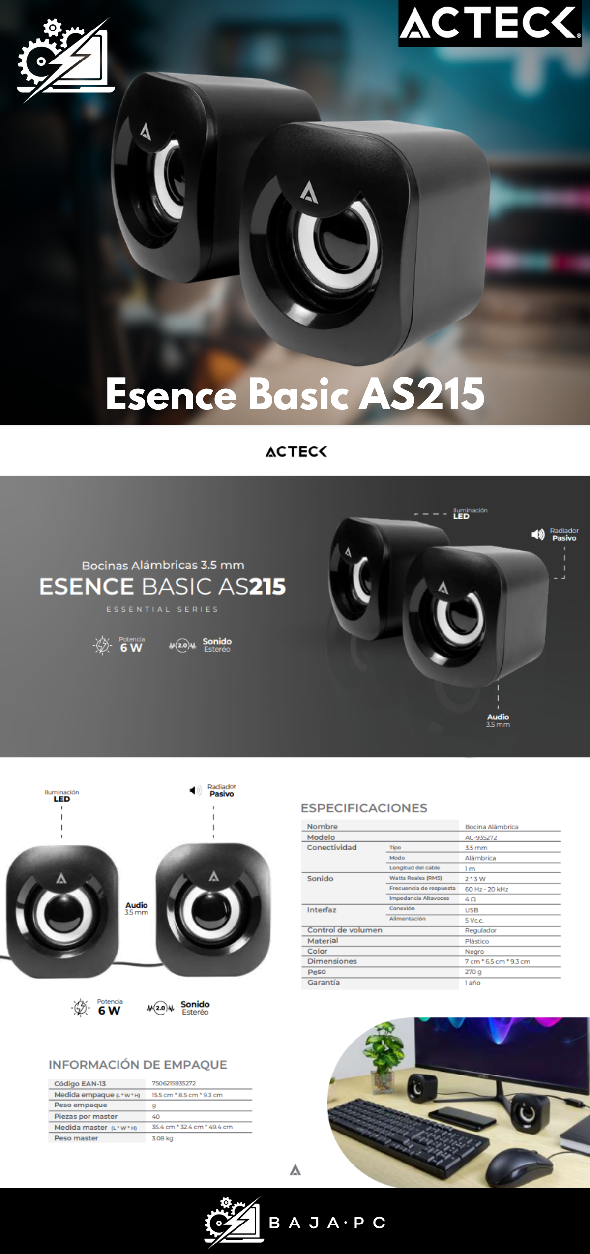Bocinas Alámbricas 3.5 mm Esence Basic AS215 Essential Series 
