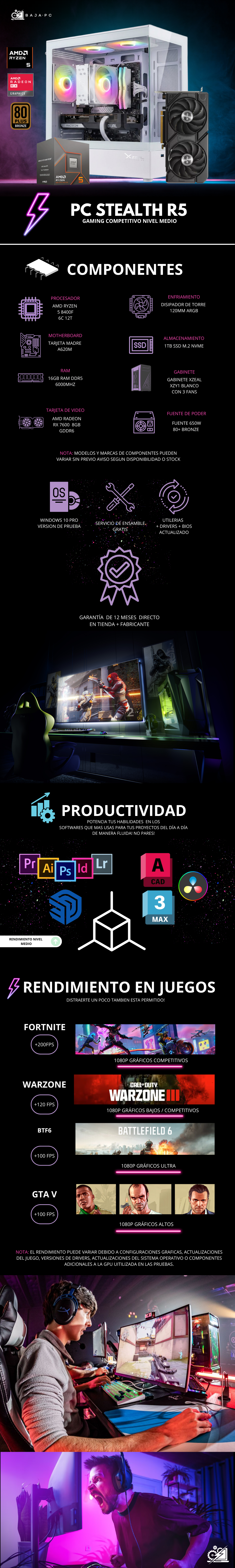 PC STEALTH R5 / AMD RYZEN 5 8400F / RADEON RX 7600 / 16GB RAM DDR5 / 1TB SSD NVME / DISIPADOR DE TORRE ARGB / FUENTE 650W 80+ BRONZE / W11 PRO / PROMOCION