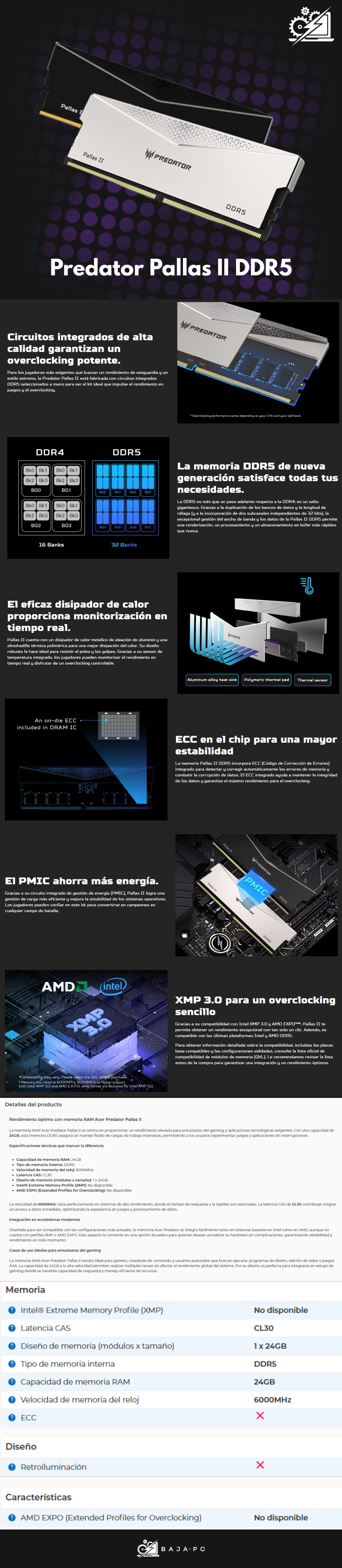 Memoria RAM Acer Predator Pallas II DDR5, 6000MHz, 24GB, CL30, Plata