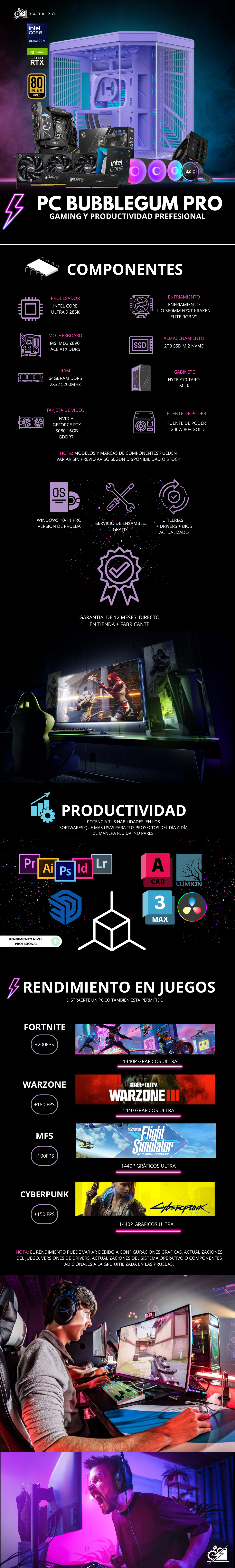 PC BUBBLEGUM PRO / INTEL CORE ULTRA 9 285K / RTX 5080 / 64GB RAM DDR5 / 2TB SSD NVME / ENFRIAMIENTO LIQ 360MM CON PANTALLA / FUENTE 1200W 80+ GOLD / W11 PRO / PROMOCION