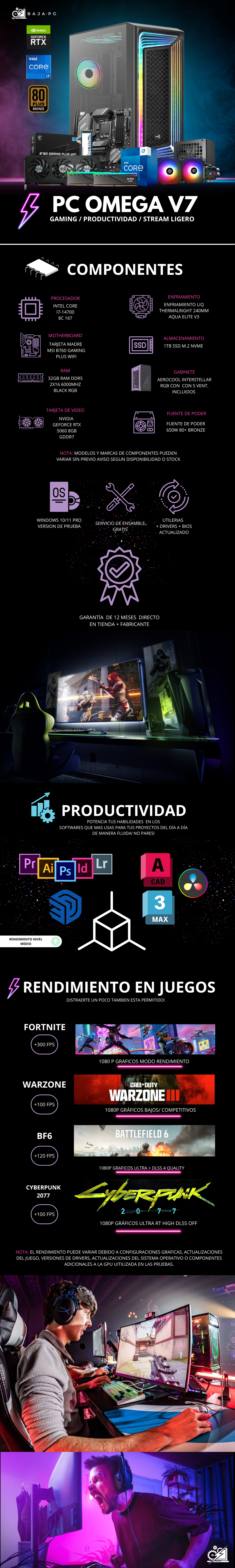 PC OMEGA V7 / INTEL CORE I7-14700 / RTX 5060 / 32GB RAM DDR5 / 1TB SSD NVME / ENFRIAMIENTO LIQ 240MM / FUENTE 650W 80+ BRONZE/ W11 PRO / PROMOCION