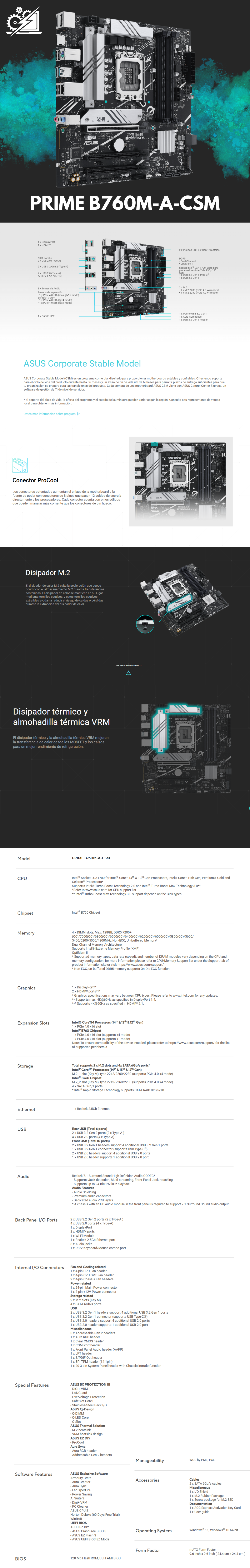 Tarjeta Madre Asus Prime B760M-A CSM /  Intel ® Socket LGA1700 para procesadores Intel ® Core™ de 14.ª , 13.ª y 12.ª generación, Micro-ATX / DDR5