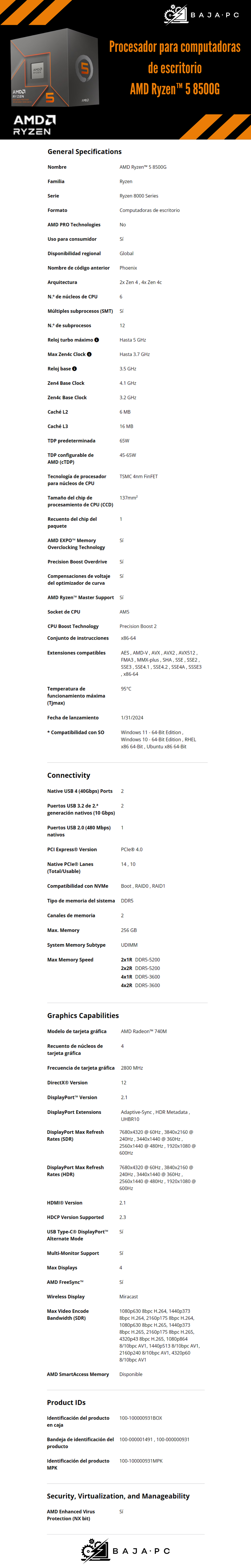Procesador AMD RYZEN 5 8500G / 5.0 GHZ / 6 Núcleos / Socket AM5 / AMD Radeon 740M Graphics / 8000 Series