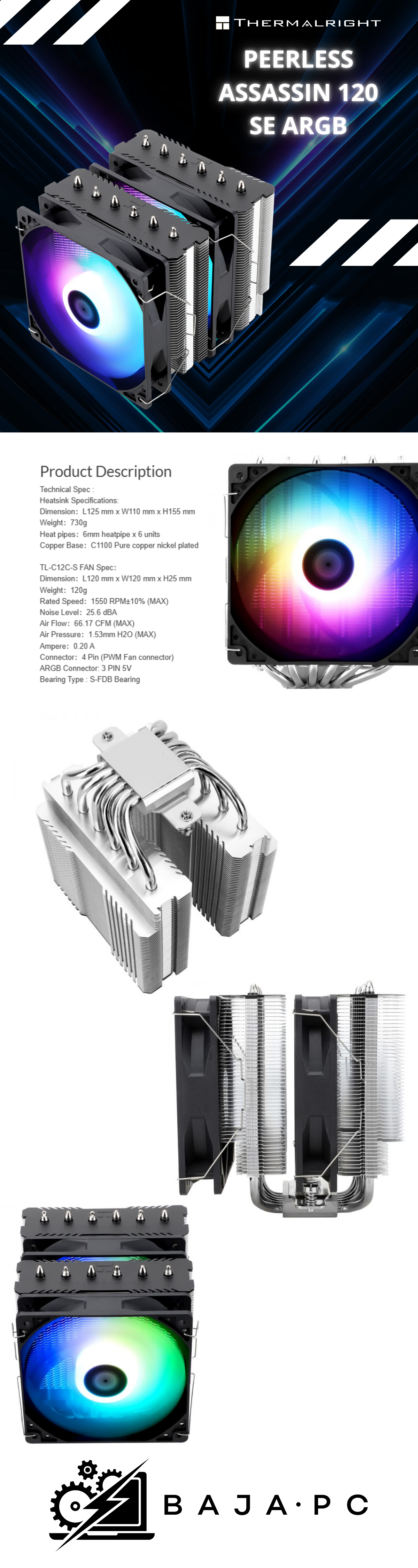 Disipador de torre Peerless Assassin 120 SE ARGB / AMD / INTEL /NEGRO /Doble fan