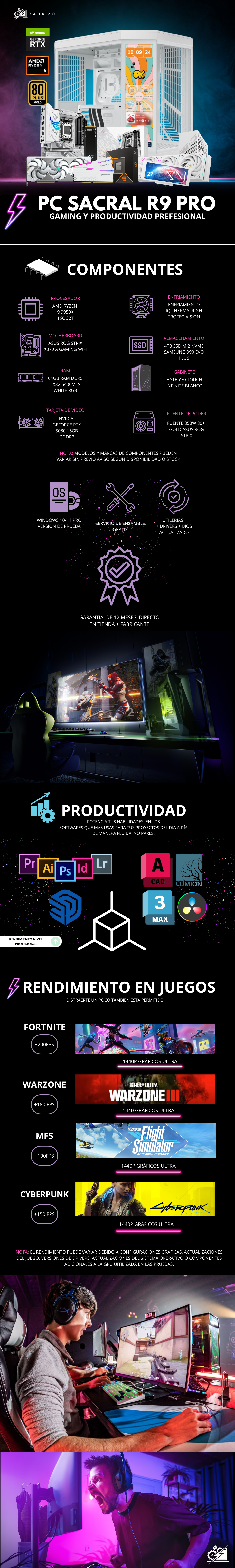 PC SACRAL R9 PRO / AMD RYZEN 9 9950X / RTX 5080 / 64GB RAM DDR5 / 4TB SSD NVME / ENFRIMIENTO LIQ 360MM CON PANTALLA / HYTE Y70 TOUCH INFINITE / FUENTE 850W 80+ GOLD / W11 PRO / PROMOCION