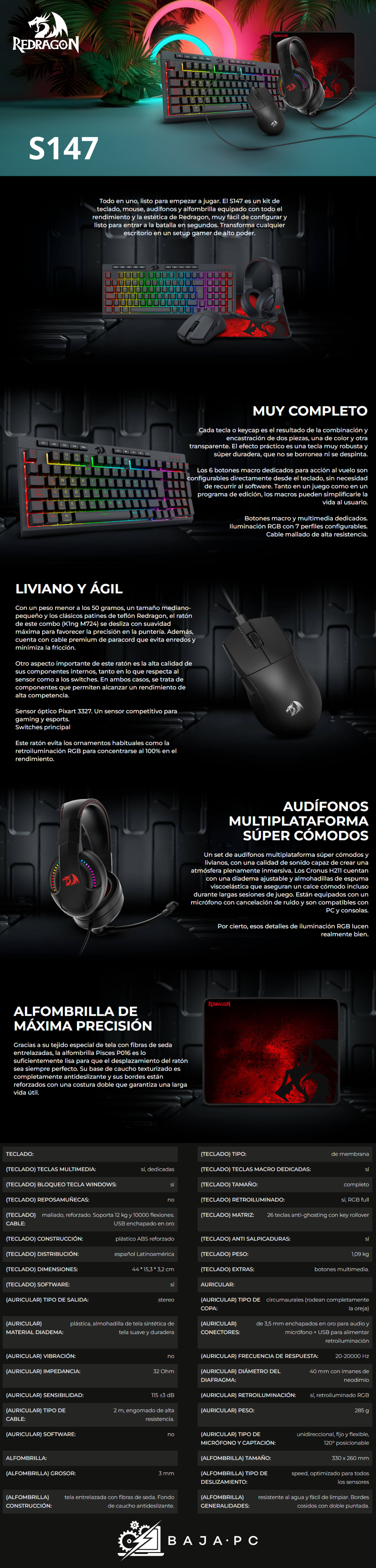 Kit Gamer Gaming Essentials 4 en 1 S147 REDRAGON/ Kit de Teclado, Mouse, Audífonos Y Alfombrilla /NEGRO