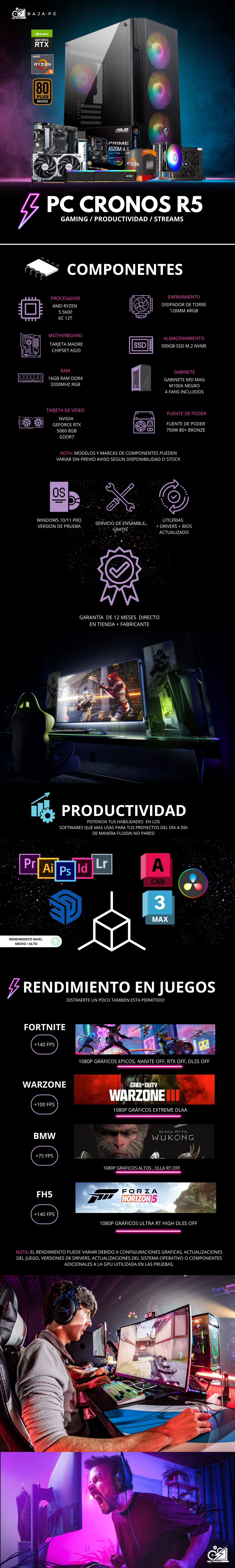 PC CRONOS R5 / AMD RYZEN 5 5600 / RTX 5060 / 16GB RAM / 500GB SSD M.2 NVME / DISIPADOR DE TORRE / FUENTE 750W 80+ BRONZE / PROMOCION