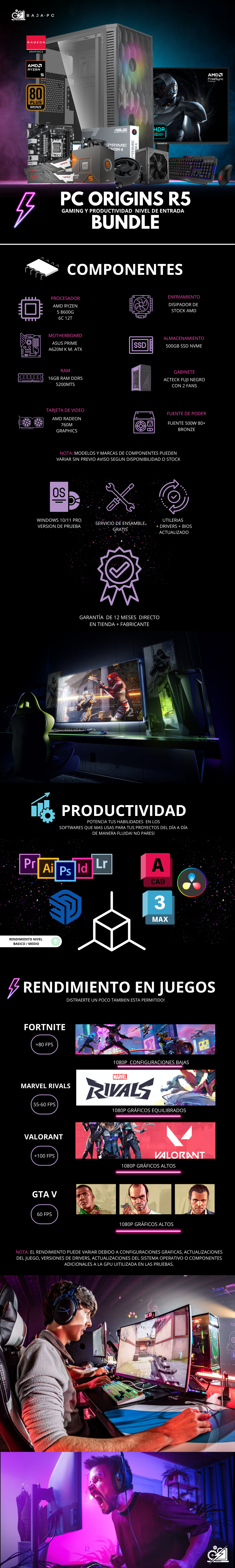PC ORIGINS R5 BUNDLE / AMD RYZEN 5 8600G / RADEON 760M GRAPHICS / 16GB RAM DDR5 / 500GB SSD NVME / FUENTE 550W 80+ BRONZE/ INCLUYE MONITOR 24" FHD 200HZ 1MS / KIT TECLADO Y MOUSE/ PROMOCION