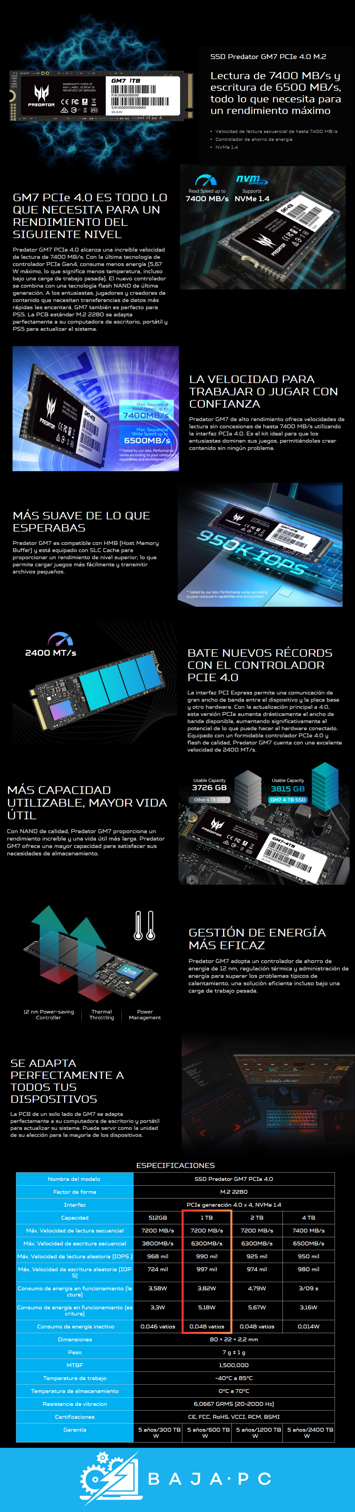 Unidad de Estado Sólido Acer Predator GM7 NVMe / 1TB / PCI Express 4.0 / M.2 / GM7-1TB