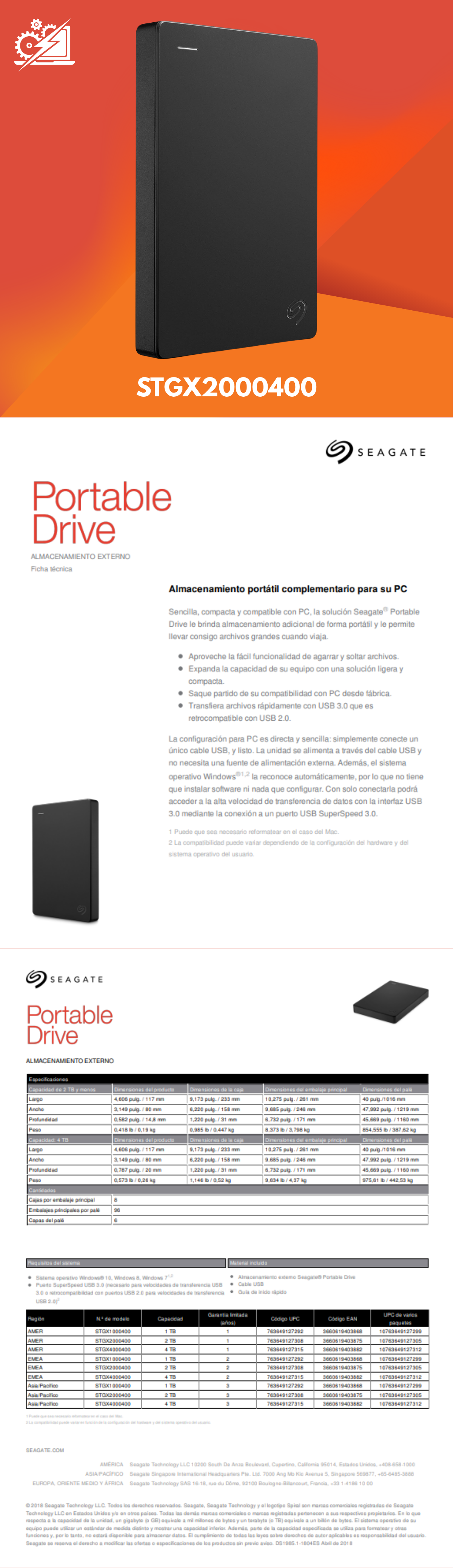 Seagate Portable Disco Duro Externo USB 3.0, Portátil, 2 TB