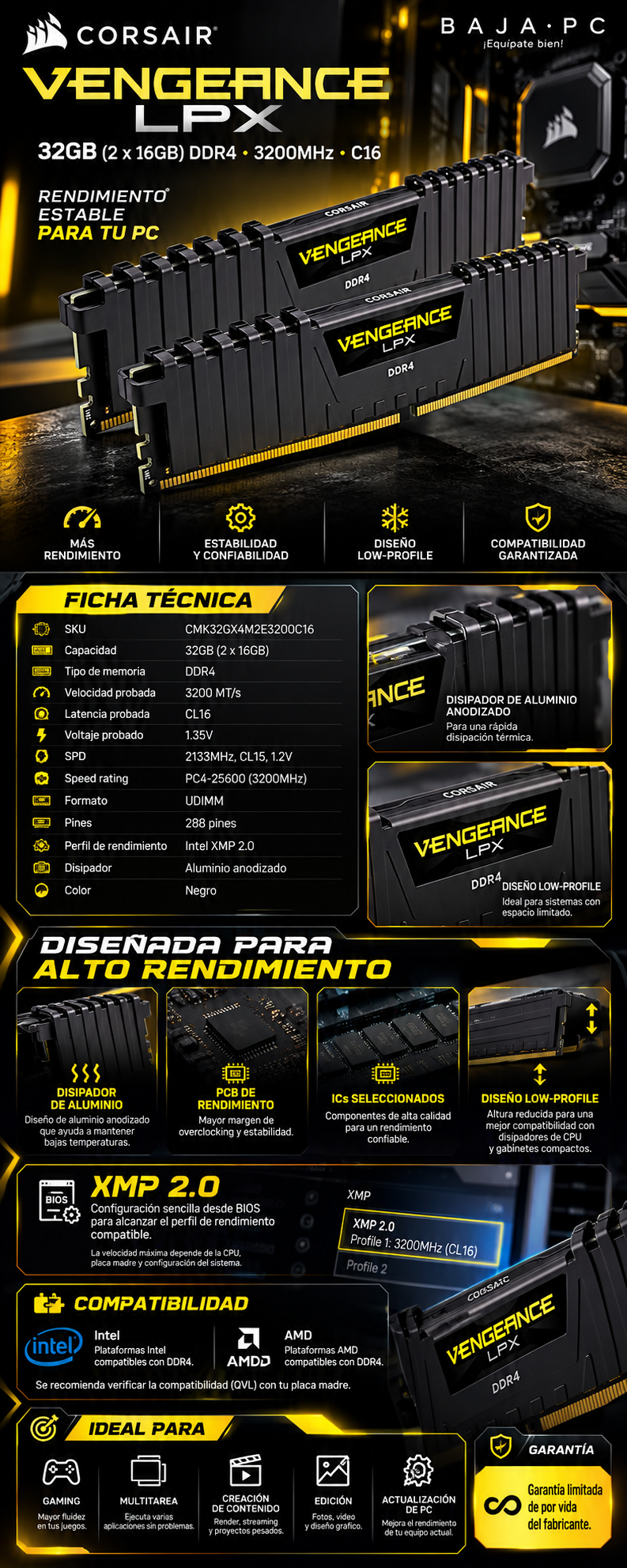 Memoria RAM DDR4 32GB 3200MHz CORSAIR VENGEANCE LPX 2x16GB Negro CMK32GX4M2E3200C16
