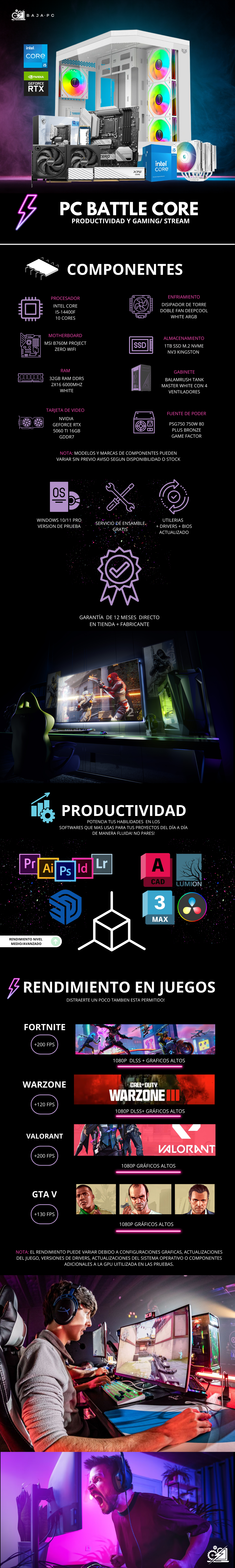 PC BATTLE CORE / INTEL CORE I5-14400F / RTX 5060 TI 16GB / 32GB RAM DDR5 / 1TB SSD M.2 NVME / DISIPADOR DE TORRE DOBLE FAN / FUENTE 750W 80+ BRONZE / PROMOCION
